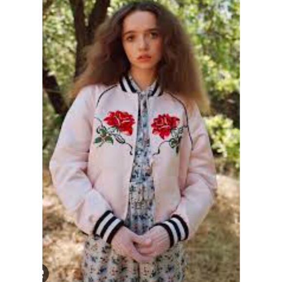 Satin bomber style jacket w/front & back rose embroidery by Chelsea & Violet, M - Picture 1 of 13